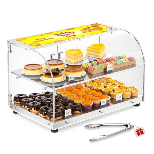 PYY Pastry Display Case - Acrylic Bakery Display 2-Layer Dessert Cupcake Commercial Display Case Countertop with Stainless Steel Shelves & Base, 22Inch Silver