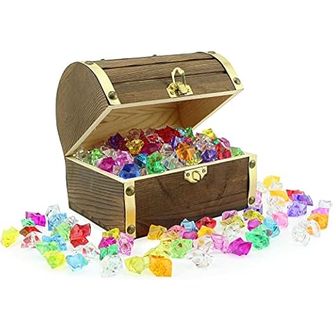 Attatoy Wooden Pirate Treasure Chest with 240 Colored "Jewels" (Plastic Gems); 6" x 4.5" x 5" Antique Style Wood Box; 1 Lb. Acrylic Gemstones Cover