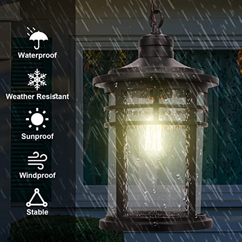 Image of Darkaway Large Outdoor Pendant Lights, 15inch Outdoor Chandelier Hanging Porch Lights Outside Ceiling Mount Aluminum with Seeded Glass for Front Door Gazebo Patio (Large, Black)