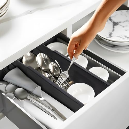 Image of Utoplike Bamboo Dresser Drawer Dividers, 4'' High Adjustable Drawer Organizers for Clothing, Spring Loaded, Works in Kitchen, Bathroom, Bedroom, Drawer, Desk, 4 PCS, Black