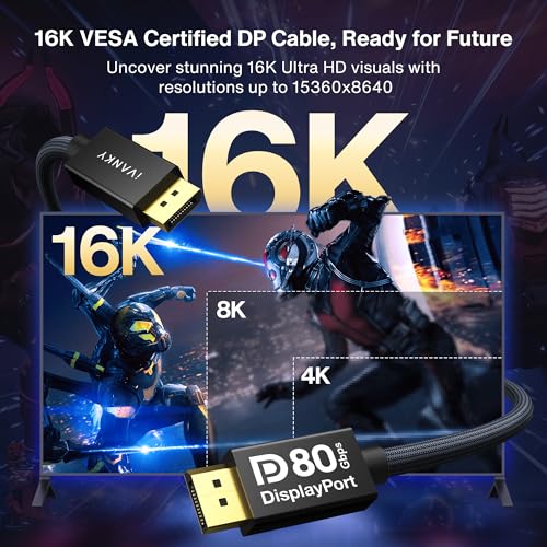 Image of IVANKY 80Gbps DisplayPort Cable 2.1, [VESA Certified], 16K Display Port Cord Compatible FreeSync Gaming Monitor 5090 7900XTX, 6.6FT