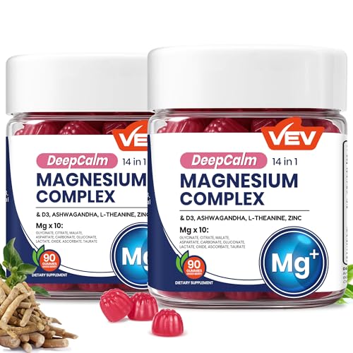 VEV Deep Calm Magnesium Complex 14-in-1 Gummies with Ashwagandha L-Theanine Vitamin D3 & Zinc for Women and Men Vegan Magnesium Glycinate Gummies 180 Gummies Total Pack of 2