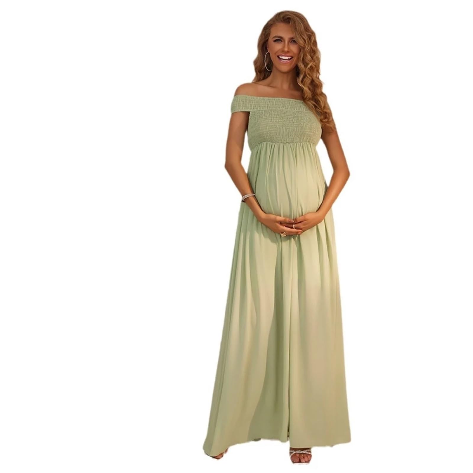 Vestido de Embarazo Elegante Vestido de Maternidad Verde, con Hombros Descubiertos, Volantes, Cintura Alta, Color Liso, Largo, for Embarazadas