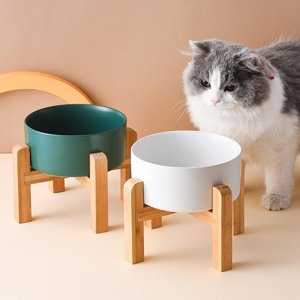 Cuenco Elevado Cerámica Doble para Perros Grandes, Comederos Agua y Comida para Mascotas, Suministros Alimentación para Perros Pequeños, Medianos y Grandes con Soporte Madera A