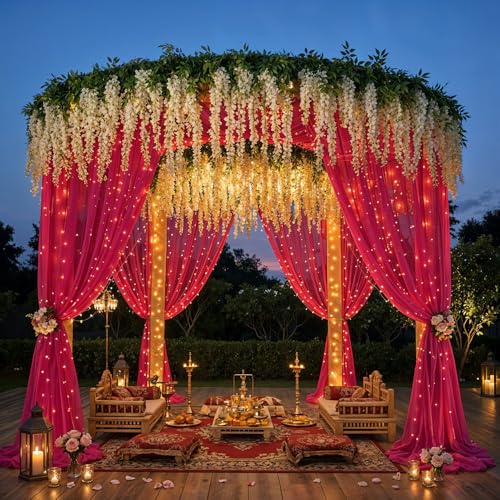 Image of Party Propz Light Pink Net Curtain for Decoration Backdrop with Artificial Ivory Wisteria Flower and Light - 9 Pcs Backdrop Decoration for Wedding, Birthday and Festival, Background Decorations Items