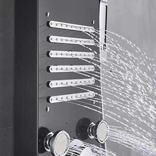 Columna de ducha con panel de lluvia, cascada y LED, mezclador termostático, torre de grifería para baño con ducha de mano — Negro miniatura 5