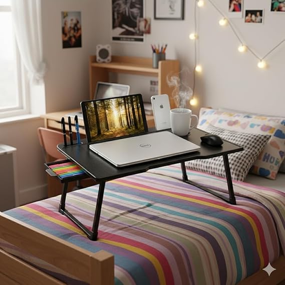 Image of Derbus Foldable Wooden Mini Laptop Table for Bed, Smart Study Table with Drawer kids (MK-K-BLACK=-R)