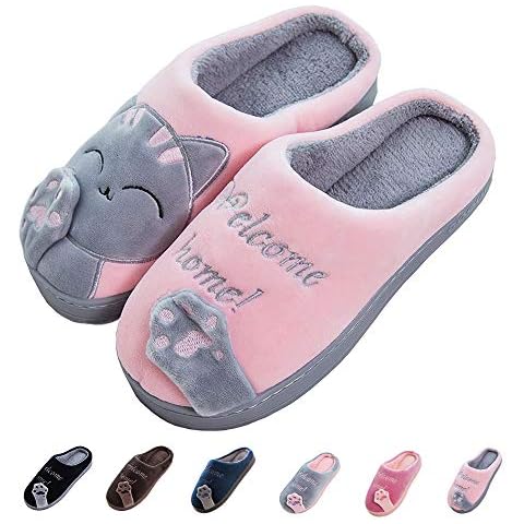 techcity Women's & Men's Comfort Memory Foam Slippers Breathable Fuzzy Slip on Clog House Shoes w/Indoor Outdoor Anti-Skid Sole (Grey Cat) Cover