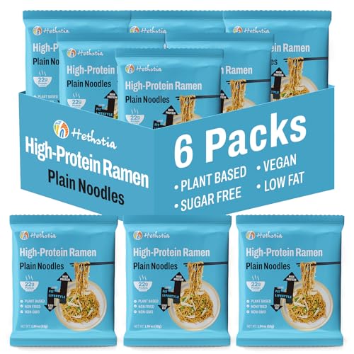 Hethstia High-Protein Ramen Plain, 22g Plant-Based Protein Ramen Noodles, Vegan, Non-Fried, Non-GMO, Sugar-Free, Low Fat, Healthy Meal, 6 Pack