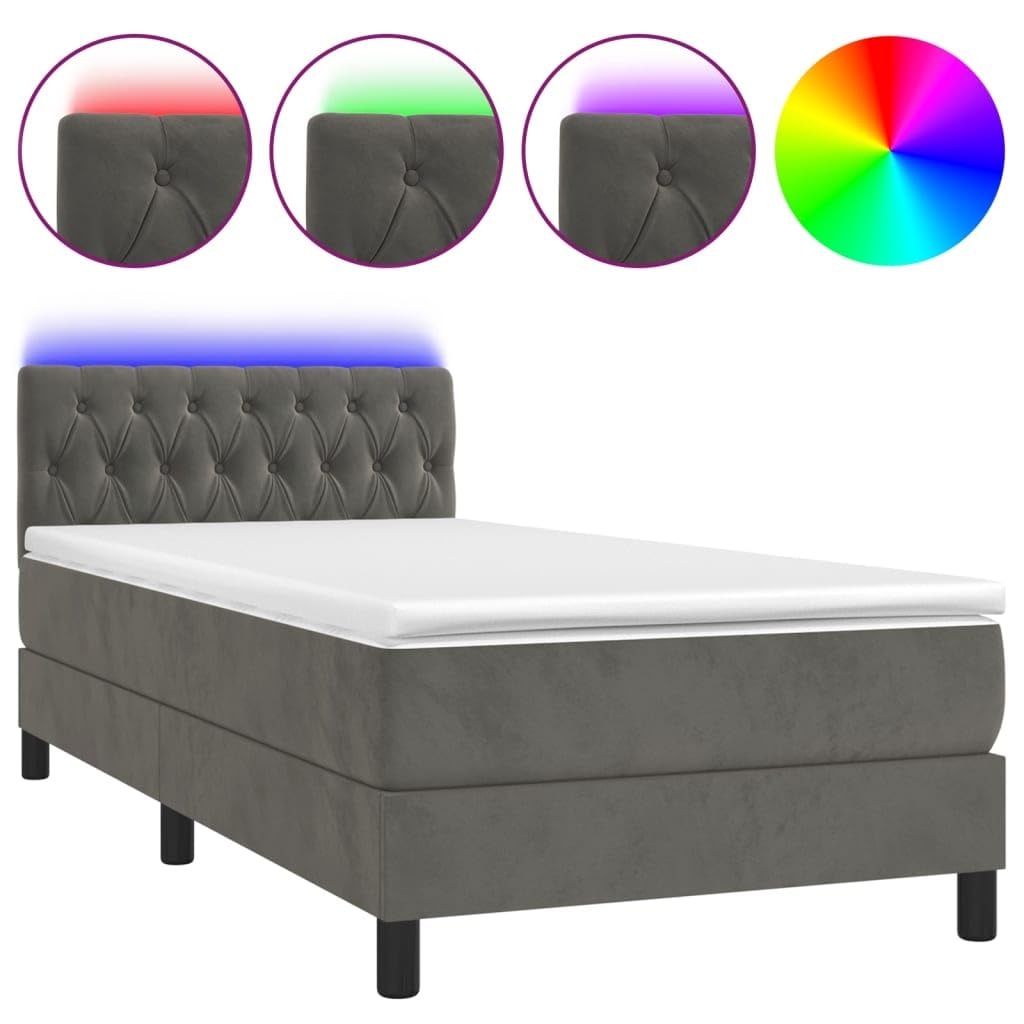 IKAYAA Boxspringbett mit Matratze 100 x 200 Bett mit LED Beleuchtung & Topper Boxspringbett 100 x 200 cm Bett mit Matratze und Lattenrost Bett komplett mit Kopfteil Samt-Dunkelgrau-100 x 200 cm