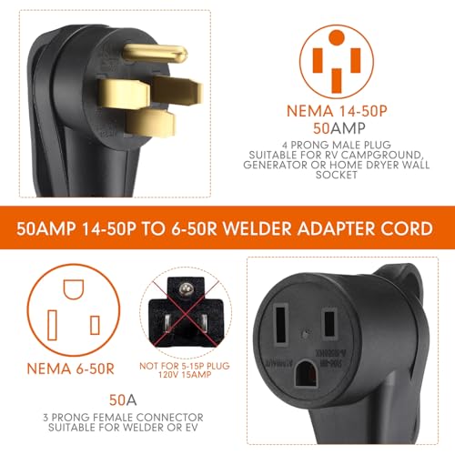 Image of Tellegloww NEMA 14-50P to 6-50R 50Amp 6 AWG Welder Adapter Cord 14-50P Male to 6-50R Female 50Amp 4 Prong RV Generator to 3 Prong Welder Power Adapter, STW 6 AWG /3C, 1FT ETL Listed