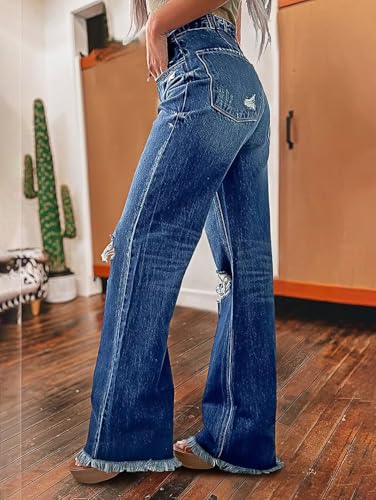 Flamingals Straight Leg Jeans for Women High Rise Casual Wash Cut Out Raw Hem Button Fly Denim Jeans2