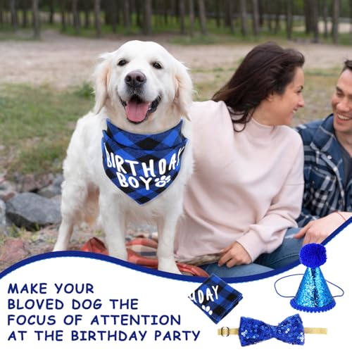 JJUNW 4 Stück Hund Geburtstag Bandana Set, Hund Geburtstag Party Set, Hunde Bandana Mütze mit 8 Bling Nummern und Fliege Hunde Zubehör Set für Welpenkatzenhaustie(blau)
