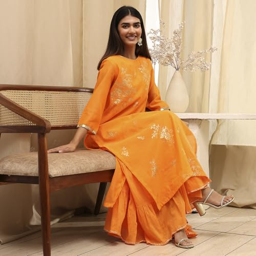 Image of BIBA Women Orange Poly Chanderi Dress