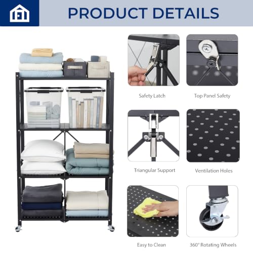 Image of 4 Tier Foldable Storage Shelf with Wheels, Collapsible Metal Rack Shelving Unit, No Assembly Required, Rolling Cart Shelf Rack Organizer for Books, Garage, Kitchen, Closet, Pantry, Exhibition, Black