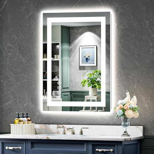 Image of 20x28 Inch LED Bathroom Mirror with Lights Front and Backlit Lighted Vanity Mirror for Bathroom Wall with 3 Colors Dimmable Anti-Fog Memory Shatter-Proof IP54 Waterproof Horizontal /Vertical