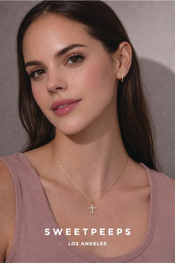 SWEET PEEPS 18K Gold Dipped CZ Cross Necklace for Women, Dainty Cubic Zirconia Cross Pendant, Minimalist Faith Jewelry for Everyday Wear