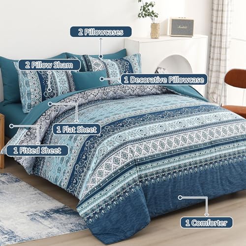 Image of Cottolester Boho Comforter Set King Size 8 Pieces, Teal Blue Comforter Bohemian Striped Bed in A Bag, Soft Microfiber Bedding Set for All Seasons