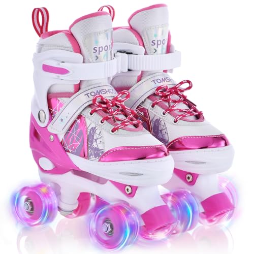 TOMSHOO Patins à roulettes Fille, Roller Enfant Fille avec LED Lumineuse Roues, Rollers Quad Enfant Taille Réglable, pour Débutants Enfants Cadeau