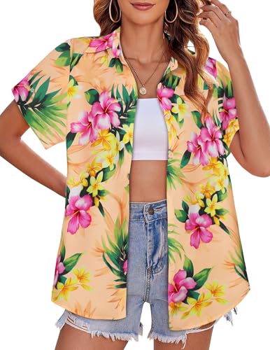 Image of Women Hawaiian Shirt Button Down Summer Tops Beach Short Sleeve Blouse