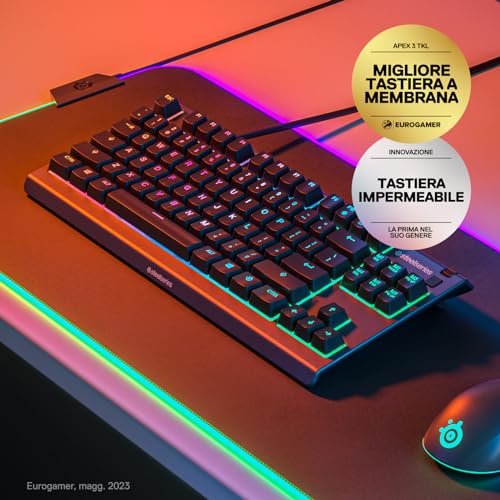 SteelSeries Apex 3 TKL, RGB tastiera da gaming , Fattore di forma compatto senza tastierino numerico studiato per gli eSport, Illuminazione RGB a 8 zone, Layout Inglese QWERTY - Immagine 1