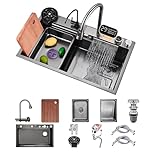KOOGIMDDR - Lavandino da cucina con superficie di lavoro, 85 x 50 cm, dotato di rubinetto a cascata, in acciaio inox, per uso domestico, con idropulitrice, tagliere, scolapiatti e accessori