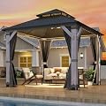 GARTOO 8.5' x 8.5' Outdoor Wood Gazebo - Permanent Wooden Hardtop Gazebo Pavilion with Double Curtains, Galvanized Steel Roof Cedar Wood Gazebos for Garden, Lawn, Poolside, Backyard Deck