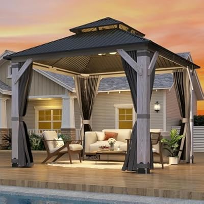 GARTOO 8.5' x 8.5' Outdoor Wood Gazebo - Permanent Wooden Hardtop Gazebo Pavilion with Double Curtains, Galvanized Steel Roof Cedar Wood Gazebos for Garden, Lawn, Poolside, Backyard Deck
