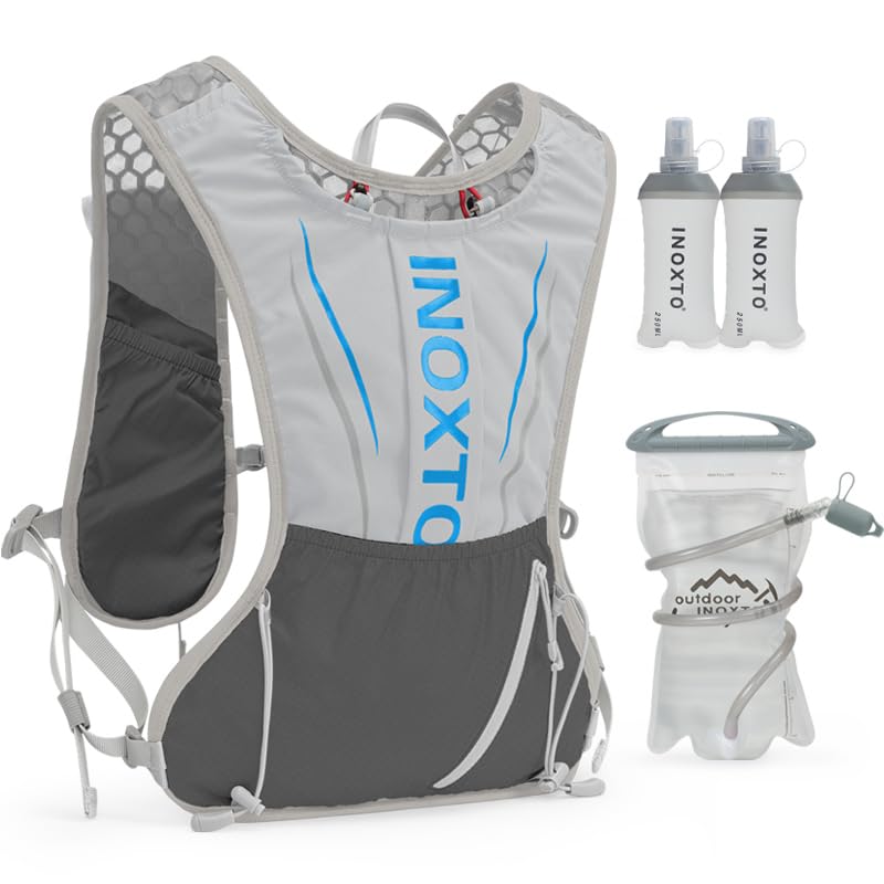 IX INOXTO Running Hydration Vest - Men Women 3L Trail Running Backpack for Marathon & Hiking (Grey-Blue, 1.5L + 250ML)