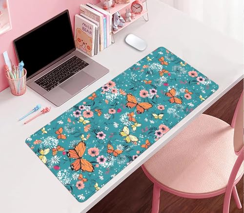 Image of Colorful Butterflies and Flowers Extended Desk Pad Mouse Pad,Stitched Edges Non-Slip Rubber Base XL Mouse Mat Desk Mat for Office Home Work Blue Mousepad(27.5X11.8 Inch)