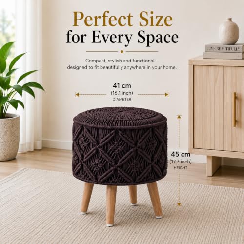 Image of Macrame Ottoman for Living Room | Handcrafted Woven Foot Rest Stool with Solid Wooden Legs | Pouffe for Sitting, Foot Stool for Bedroom & Home Decor | 16x16x18 Inch (Coffee)