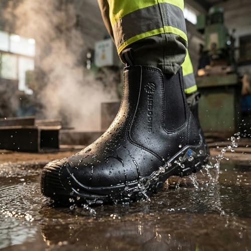Image of Steel Toe Work Boots for Men Slip-on Welding Water-Resistant Safety Shoes | Shoes for Industrial Construction, Lightweight, Puncture Proof, Slip Resistant, Black