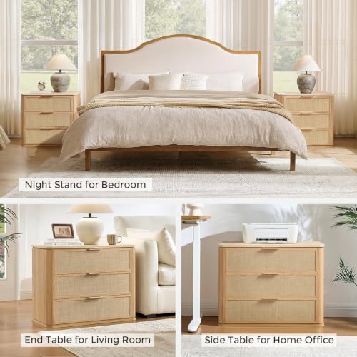 Image of Night Stand, 30.71 inch W Rattan Nightstand with 3 Drawers, Faux Marble Top Bedside Table, Boho Mid Century End Table for Bedroom Living Room Sofa Office, Natural Oak [FSC Certified]