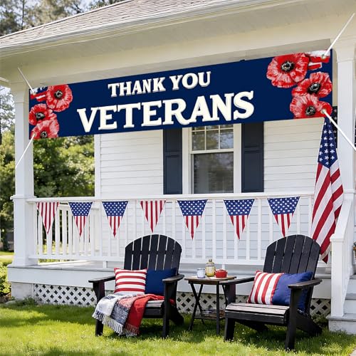 Image of BlissYard Patriotic Banner Thank You Veterans Decorations Banner 118 x 20 inch Independence Day American Flag Outdoor Banner for Yard Fence Porch, Veterans Day Memorial Day Decorations