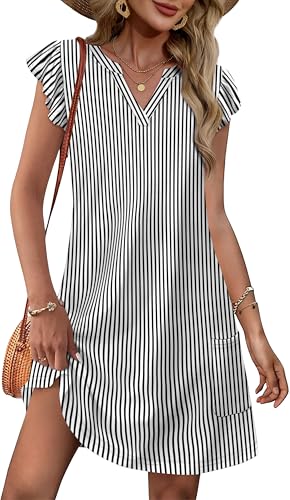 OFEEFAN Striped Dress Spring Summer Dresses for Women Casual Sundress Loose Clothes Elegant Classy...