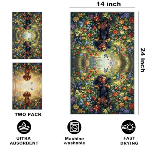 Image of 2 Pcs Cute Dachshund Floral Kitchen Towels 24x14 Inch, Floral Dachshund Gifts Reusable Dish Towels for Kitchen Bathroom Decor, Waffle Weave Absorbent Tea Towel, Weiner Dog Gifts for Women Mom Friend