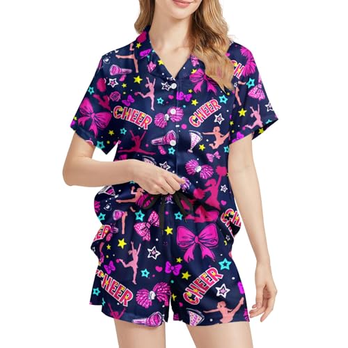 Image of Funny Satin Pajamas Set for Women Button Down Sleepwear Print Pjs Set 2 Piece Short Sleeve Loungewear Gift for Women