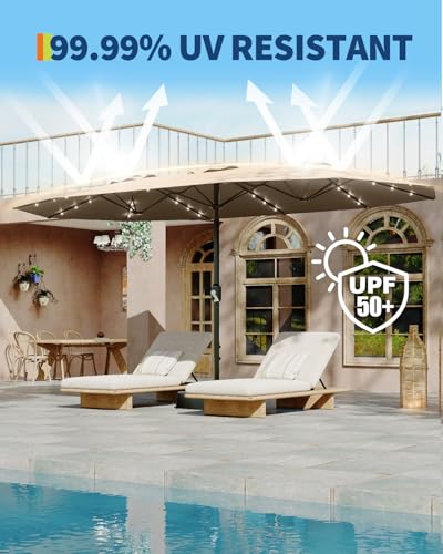 15FT Large Patio Umbrella with Base and Solar Lights, Double-Sided Rectangle Umbrella Oversized Shade for 8-10 People,36 LED Lights and Weighted Base for Pool, Deck, Backyard