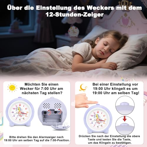 SOCICO Analoger Kinder Wecker, Einhorn Design, Lautlos, Ohne Ticken Niedlicher Pfirsich Wecker, mit Buntem Licht, Einstellbare Lautstärke (Blasslila)
