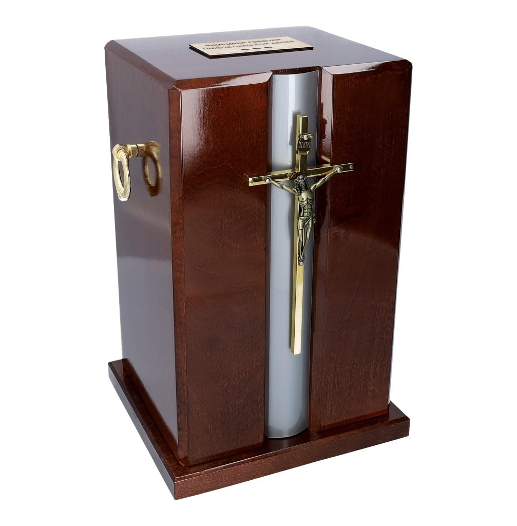 Beautiful Adult Cremation Casket urn for Ashes Catholic Wooden Urn with Cross (Brown, Memorial Plaque/YES)
