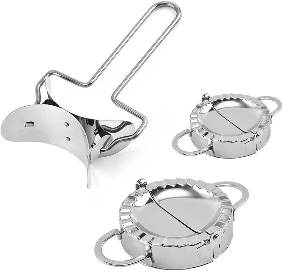 Dumpling Maker, 304 Stainless Steel Dumpling Mold and Dough Press for Home Kitchen, Manual Pinch Dumpling Pie Ravioli Mould Pastry Maker Tool, Dumpling Skin Cutter (S Maker + L Maker + Cutter)
