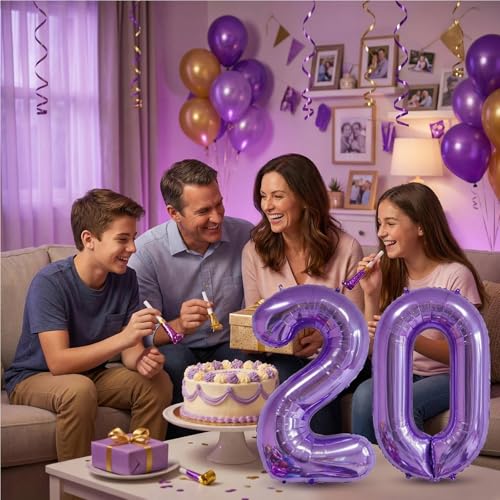 Image of Number Balloons for Birthday Decorations - 40 Inch Large Party Balloons 20, Purple Foil Number Balloons for Boys Girls, Balloons for Party Supplies