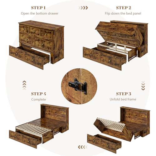 Image of AMERLIFE Queen Size Murphy Bed, Farmhouse Wooden Cabinet with Charging Station and Storage Drawer for Bedroom /Office /Guest Room, Rustic Brown