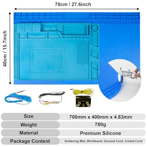 Image of 27.6'' x 15.7'' Extra Large Soldering Mat with ESD Wrist Strap and Grounding Accessories 932F Heat Resistant Silicone Repair Mat Oversized Work Mat for Electronics Cellphone Laptop Repair (Blue)