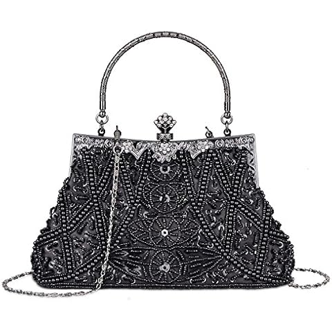 Fashion Vintage Style Handbag Beaded Sequined Evening Bag Wedding Party Handbag Rhinestone Clutch Purse (Black) Cover