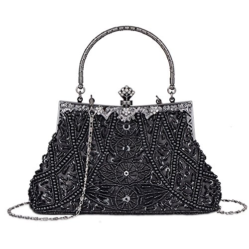 Fashion Vintage Style Handbag Beaded Sequined Evening Bag Wedding Party Handbag Rhinestone Clutch Purse (Black)
