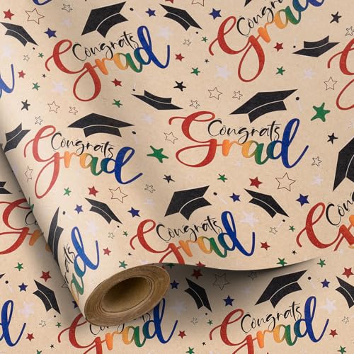RUSPEPA Graduation Wrapping Paper Roll Mini Roll Colorful Congrats Grad Wording with Toga Caps and Stars Kraft Gift Wrap Paper Perfect for Graduates 2025 Graduation Party 17 Inches X 16.4 Feet
