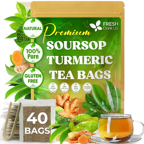 Image of FreshDrinkUS, Premium 40 Bags Soursop Turmeric Tea, 100% Natural, Blend of Soursop Leaves, and Turmeric Root. Made with Eco-Conscious Tea Bags. No Sugar, Vegan.