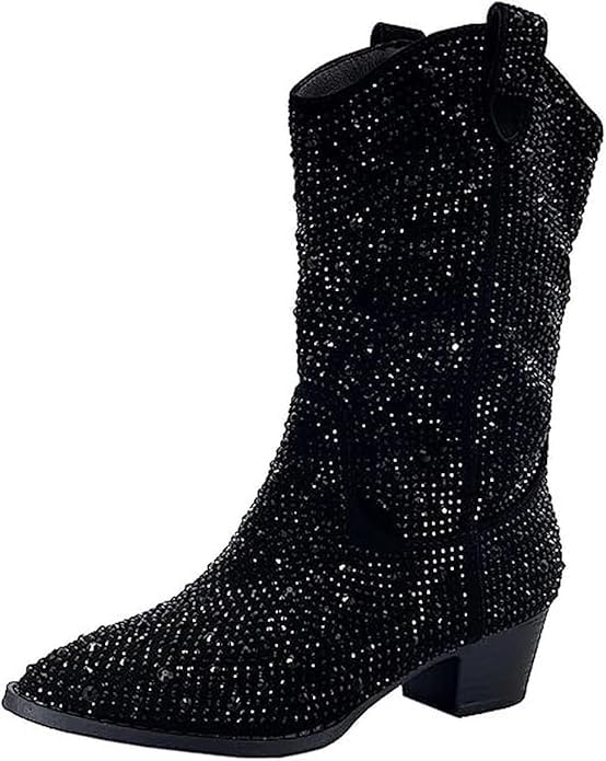 Forever Girls/Kids Rhinestone Western Cowgirl Cowboy Pointed Toe Low Heel Boots River-11K Black 12