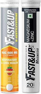 NAC (N-Acetylcysteine) + Vitamin C- Strawberry Flavour (Pack of 20 Effervescent Tablets), White & Fast&Up Magnesio - Restful Sleep Supplement - (20 Effervescent Tablets, Lime & Lemon Flavor)